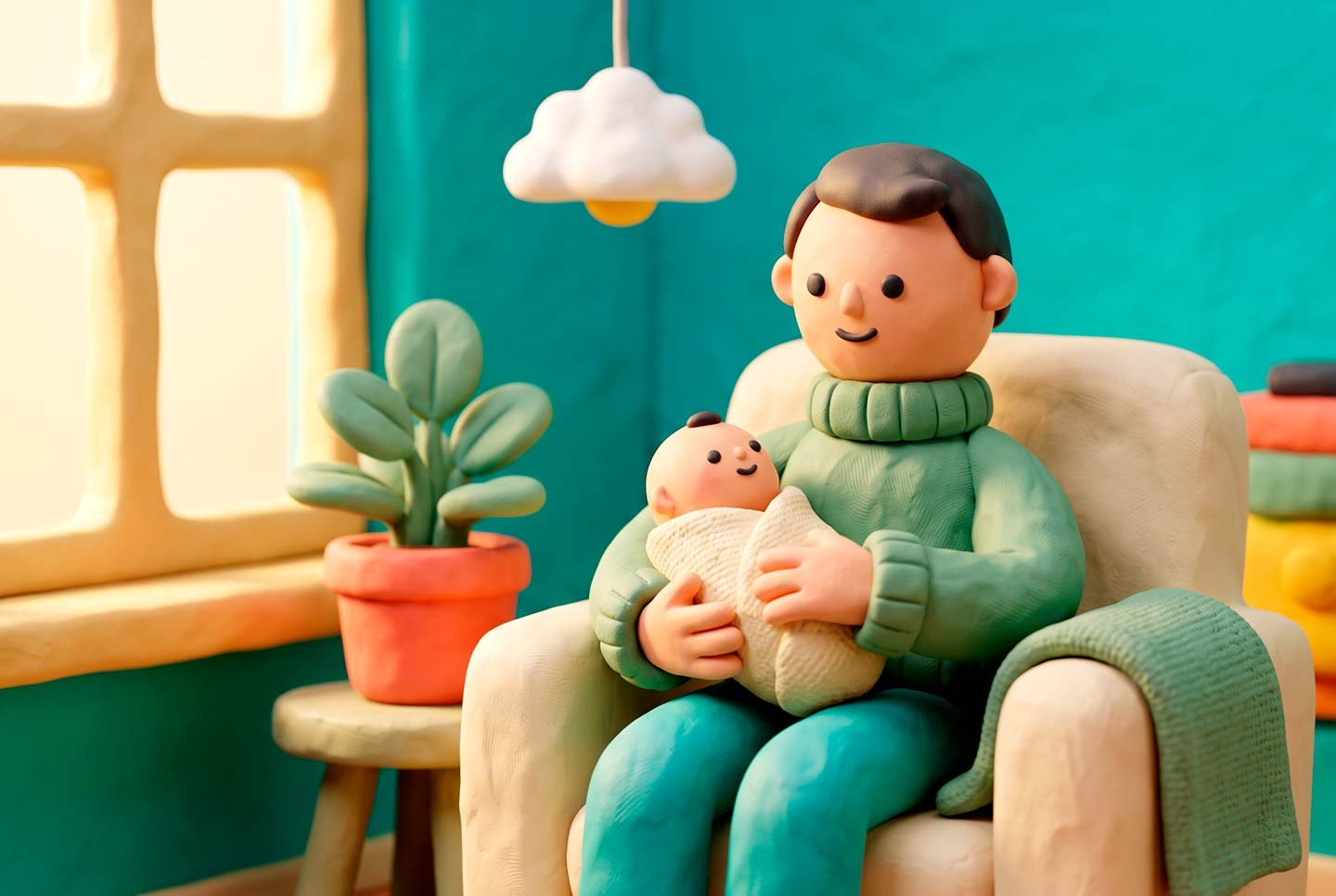 Ilustração em massinha de um bebê no colo em ambiente doméstico, com luz de janela